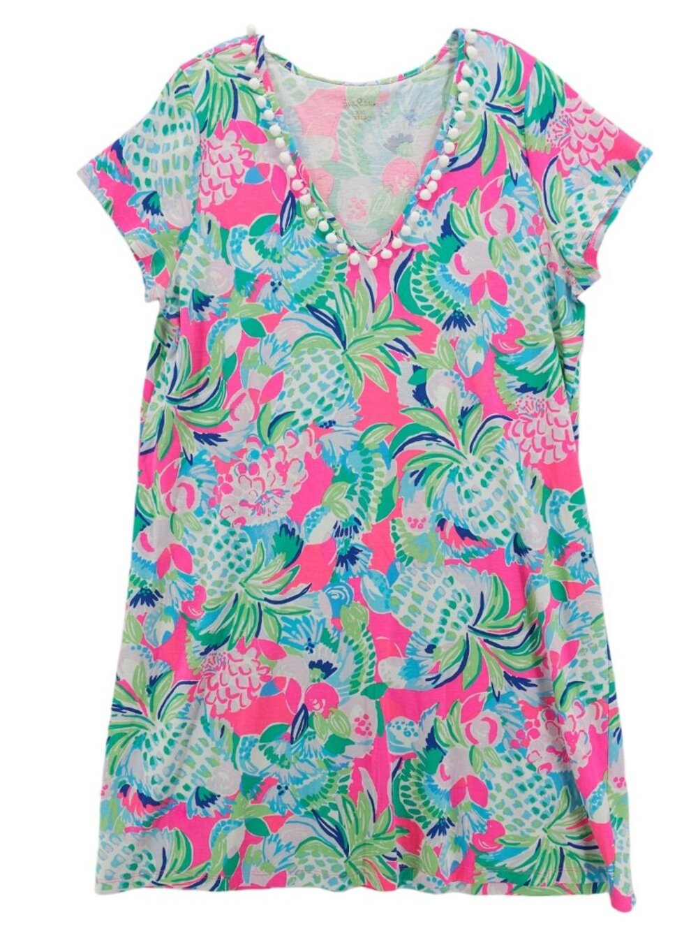LILLY PULITZER Etta V-Neck Dress Raise The Bar Pom Pom Neckline EUC Size XXL
